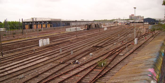 View from towpath to Old Oak railway service sidings. Many tracks now out of use and areas devoted to Crossrail construction