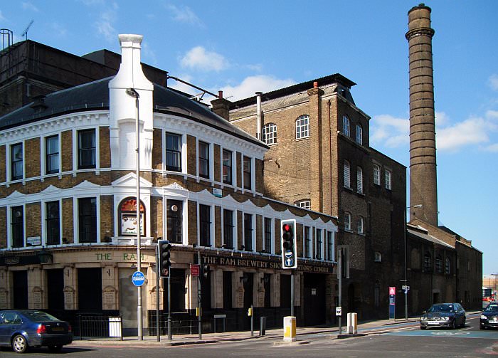 Youngs Ram Brewery in Wandsworth, closed in 2006. The canal basin was located just behind the works' iconic chimney DSCF0653.jpg