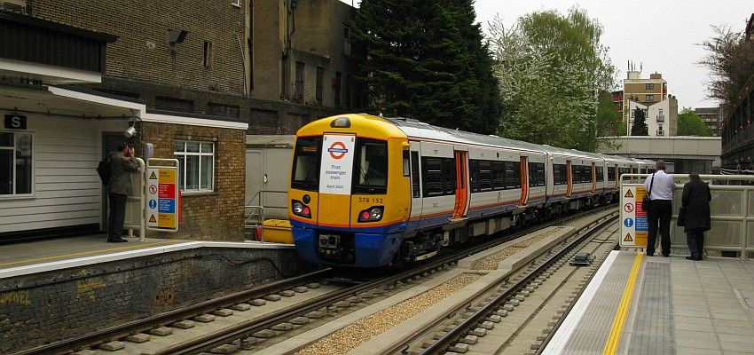 The Class 378 train used to launch the new services on 27 April 2010 is seen leaving Surrey Quays station on the 16.21 service to New Cross IMG_0796.jpg