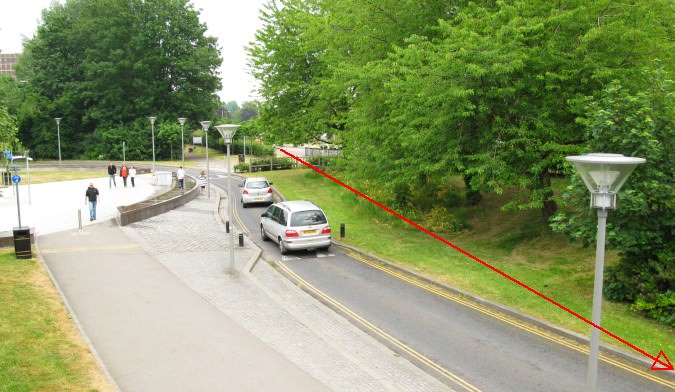 Scene showing the fountain and pedestrian interchange at the end of Eastrop Way. Red line indicates canal alignment to the wharf IMG_4217.jpg