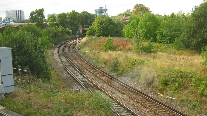 A view looking from the main lines to the spot where at one time boats possibly headed out of the canal's top lock and across the common to the terminus basin