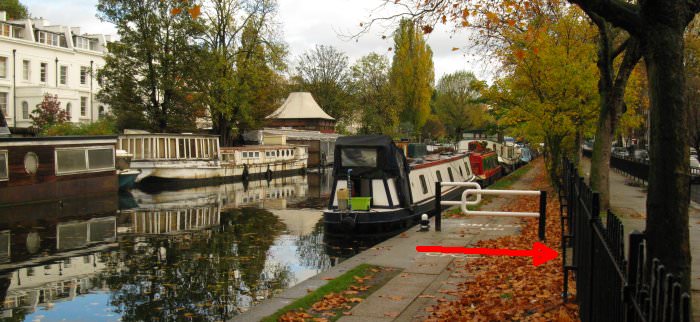 At the west end of the visitor moorings leave the towpath and enter Delamere Terrace