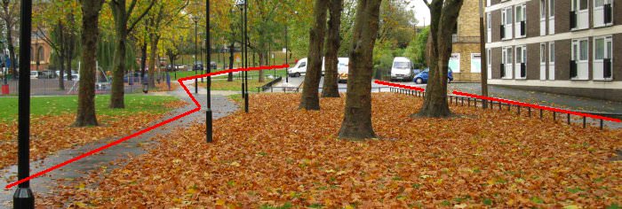 Turn right and descend along Lord Hills Road towards the open spaces. There are two routes along here