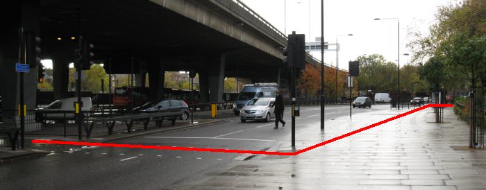 Harrow Road/A40(M) viaduct: Cross here and follow the road over Lord Hills bridge