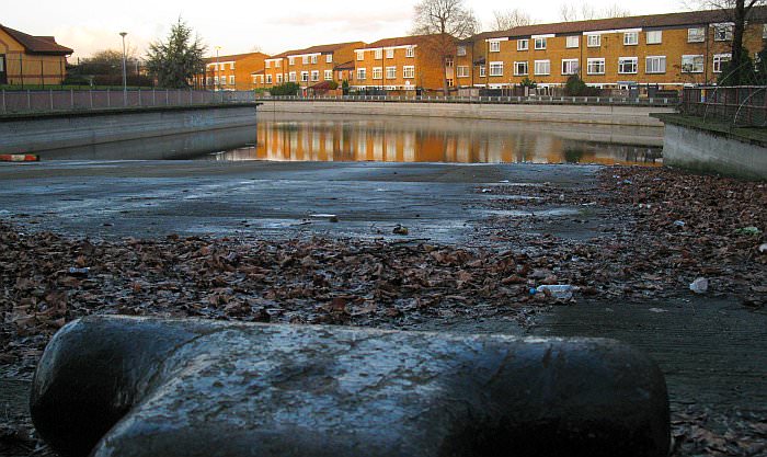 The end of the Broadwater (aka the Royal Arsenal canal.) One of the two large mooring bollards that were used on the canal can be seen