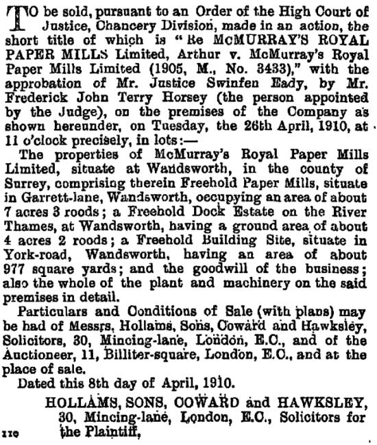 Sale of McMurrays Mill & canal as depicted in the London Gazette April 12th 1910