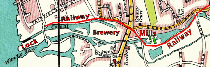 Map showing lock, canal & basins, Ram brewery, the Upper Mills and the Surrey Iron Railway's route marked red wwmap.gif